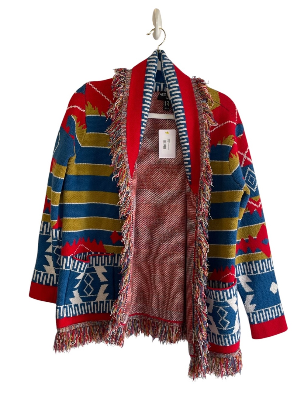 Attitudes by Renee Red, Blue & Yellow Tribal Fringe Cape Jacket